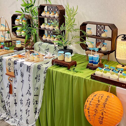 中式茶歇甜品台布置绿色森系桌布商务会议户外婚礼百日宴摆台装饰