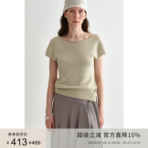 PLANITES 亚麻棉干爽透气 斜肩设计下摆纽扣收腰针织上衣