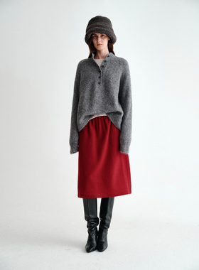 PLANITES 粗纺保暖全羊毛 宽松松紧腰正红圣诞半裙