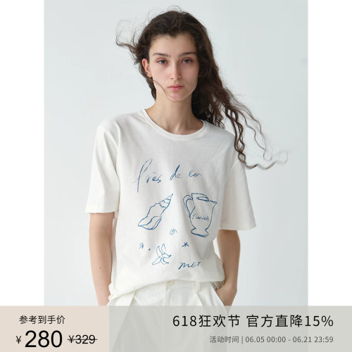 PLANITES 夏日海边思绪印花 纯棉肌理做旧宽松T恤