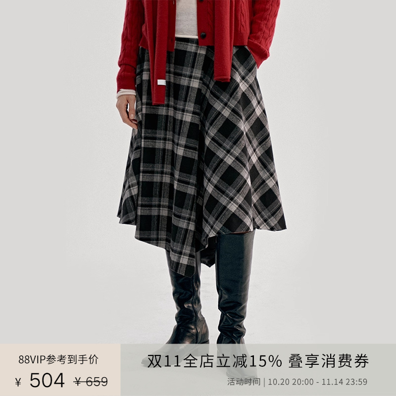 PLANITES不规则裙摆设计格纹半裙