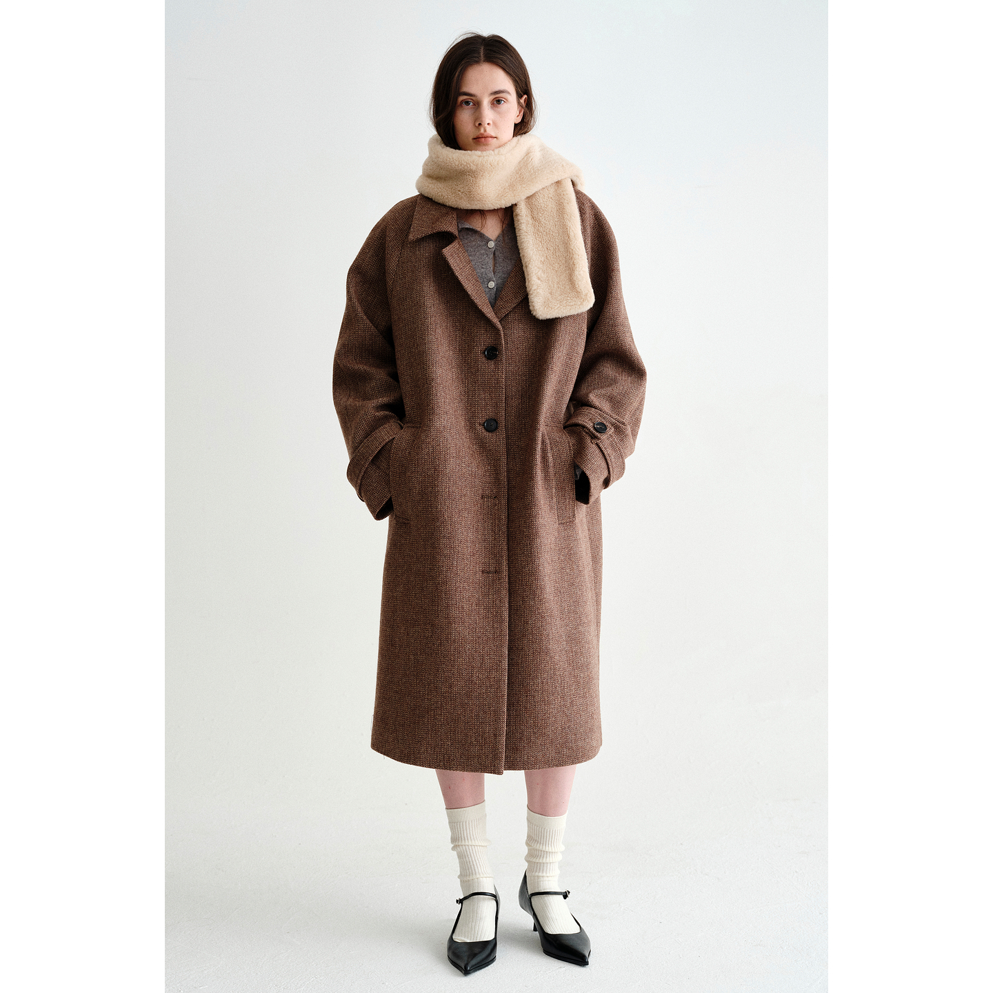 PLANITES 100美利奴全羊毛细人字纹 风格小翻领廓形大衣