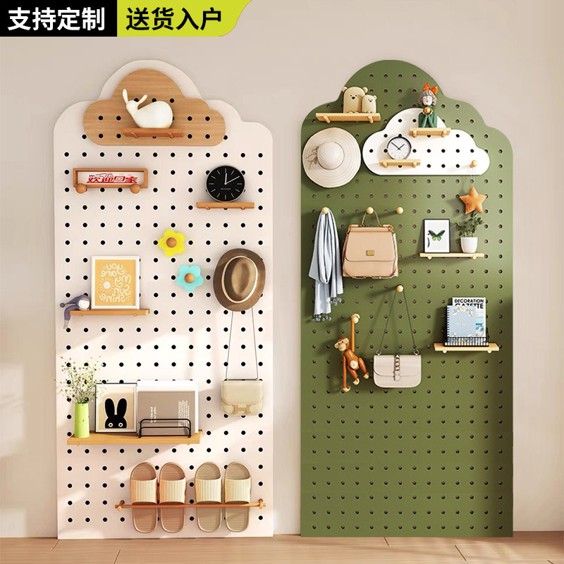 定制洞洞板置物架造型墙门后玄关收纳层架多功能实木墙上挂板展示