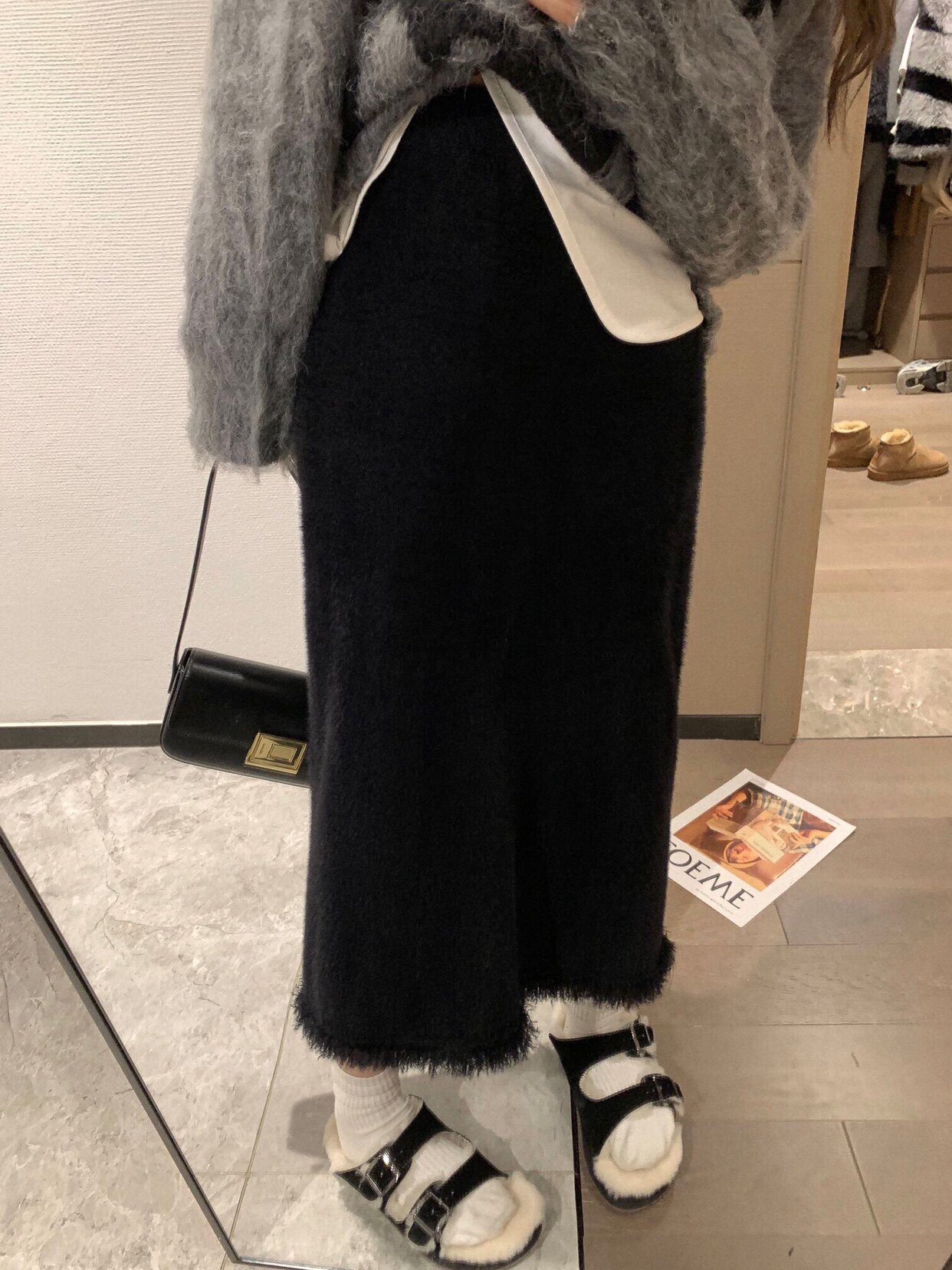 貂绒毛毛边针织半身裙女秋冬加厚中长款过膝流苏高腰裙子