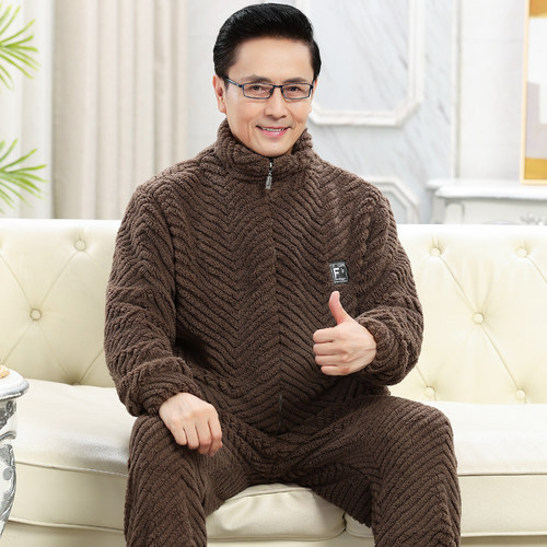 全棉纯棉爸爸睡衣珊瑚绒男法兰绒冬老人男士老年人可外穿居家服