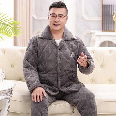 全棉纯棉男士睡衣冬季加绒加厚珊瑚绒三层夹棉中老年爸爸家居服