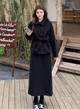 大码女装冬季韩系两件套翻领毛呢大衣外套搭配显瘦长款半身裙套装