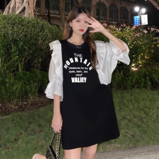 女装连衣裙2026夏季新款拼接荷叶边字母印花中长款夏装T恤裙子女