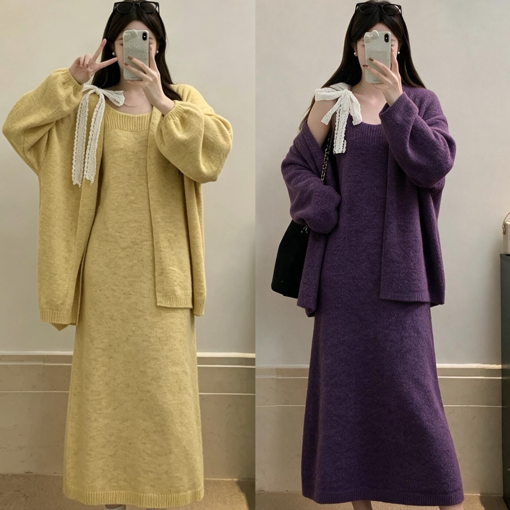 秋季大码女针织开衫吊带裙两件套图片
