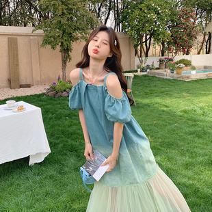 复古露肩吊带背心裙女装夏季2026新款网纱拼接显瘦牛仔连衣裙夏天