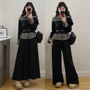大码女装秋季新款套装胖mm牛仔拼接假两件上衣+裙子裤子两件套女