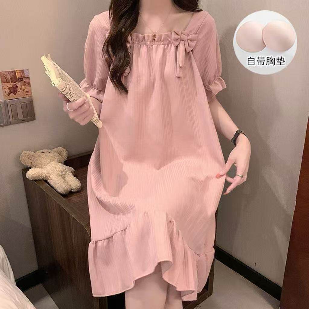 韩版睡裙女带胸垫薄款卡通短袖蝴蝶结睡衣甜美少女慵懒夏天家居服