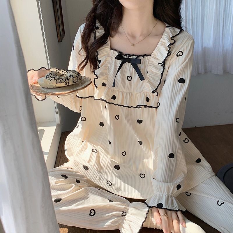 网红睡衣女长袖长裤两件套装韩版甜美可外穿时尚开衫女家居服大码