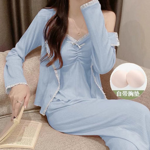 春秋季 家居服 新款 纯欲风蕾丝边吊带胸垫睡衣女高级感简约三件套装