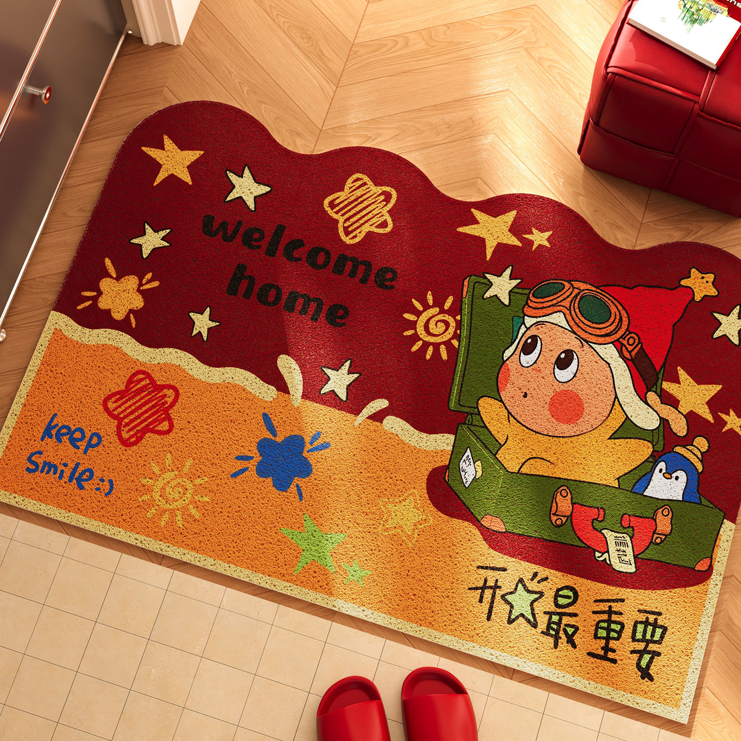 星星人地入户门地垫红色喜庆