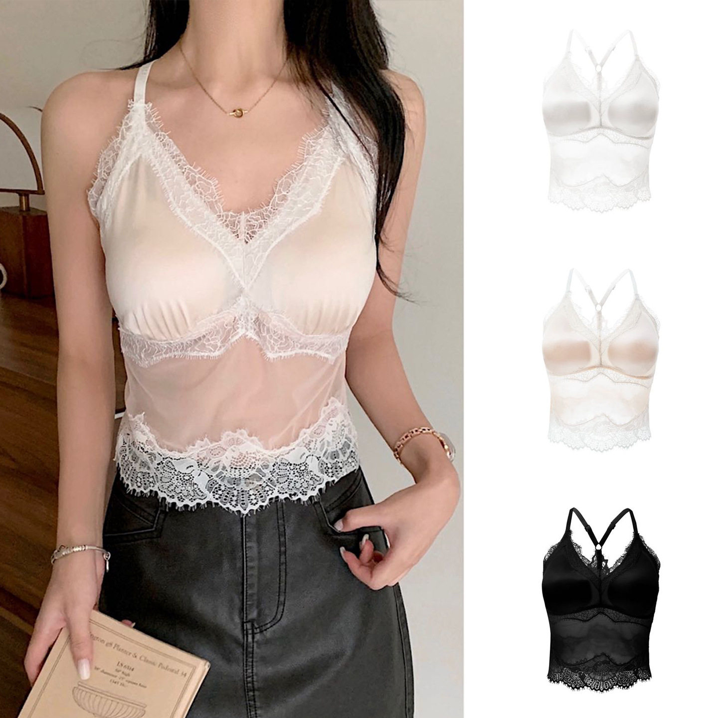 法式蝴蝶蕾丝带胸垫吊带背心女可外穿内搭高级感美背文胸一体上衣
