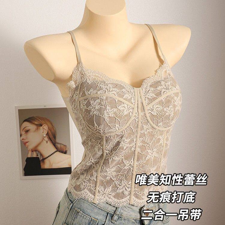 白色蕾丝吊带带胸垫背心女外穿春夏绝美西装内搭上衣法式鱼骨胸衣