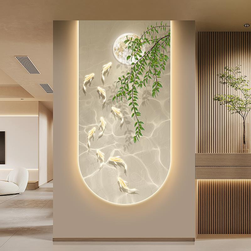轻奢九鱼图入户玄关装饰画画奶油风绿植带灯挂画画高级感走廊过道