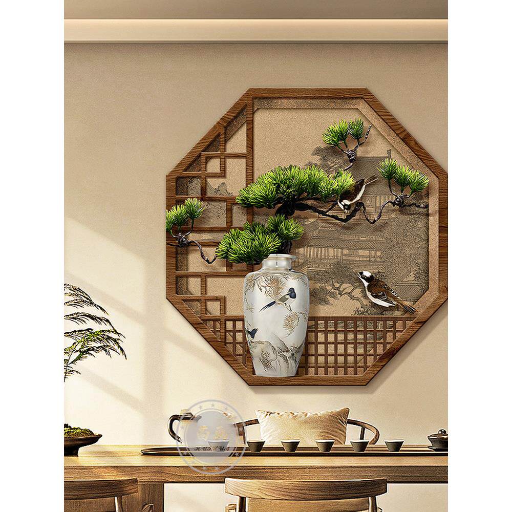 宋代美学迎客松茶室装饰画新中式花鸟玄关壁画灯八边形假窗户挂画