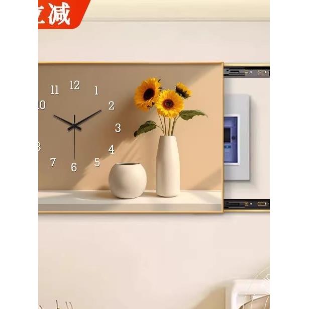 奶油风电表箱装饰画带钟表向日葵免打孔挂画遮挡配电箱开关电闸盒图片