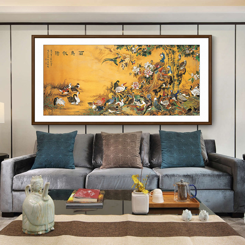 新款新中式百鸟朝凤图客厅电视沙发背景墙装饰画孔雀花鸟寓意壁画