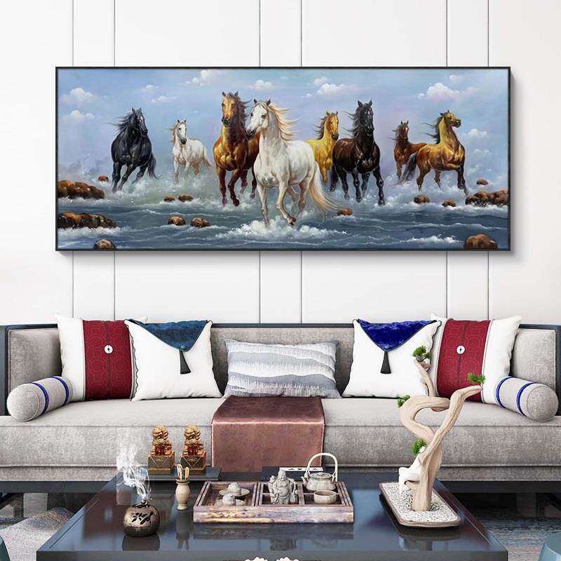网红中式到新马成功纯手绘油画八骏马图客厅装饰画超大尺寸奔横版