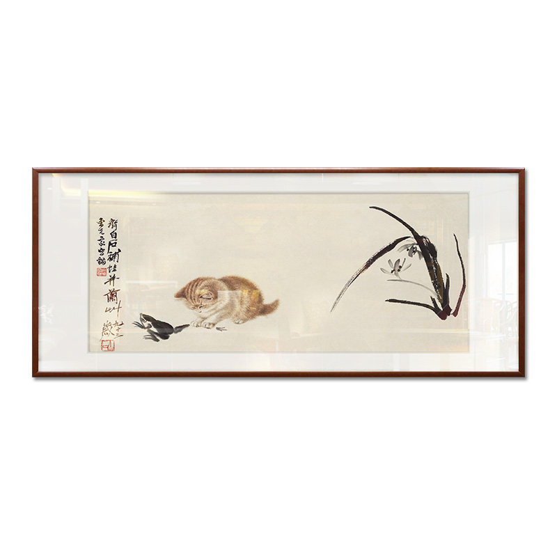 网红齐白石猫趣图新中式餐厅装饰画饭厅水墨画客厅茶室背景墙壁画