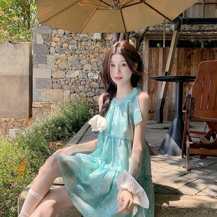 及时雨-风ins甜美度假设计感扎染系带蝴蝶结显瘦挂脖连衣裙小个子