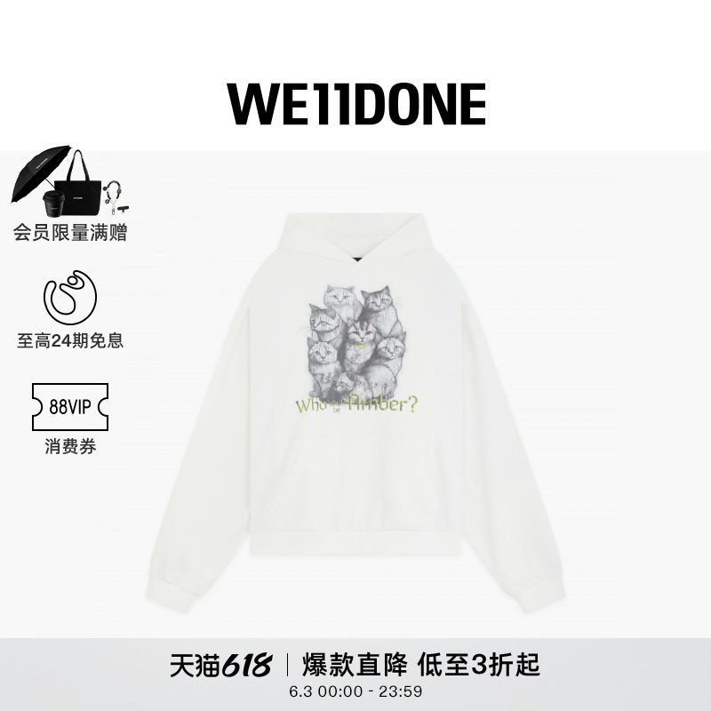 【明星同款】WE11DONE25秋冬新品男女同款猫咪印花连帽衫朋克休闲