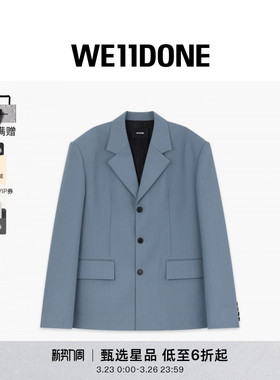WE11DONE25早秋男士羊毛单排扣蓝色垫肩LOGO贴饰休闲西装外套