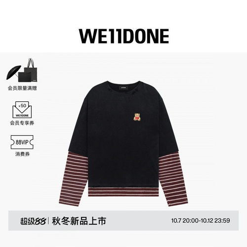 【明星同款】WE11DONE26早秋新品男女同款爱心小熊撞色长袖T恤