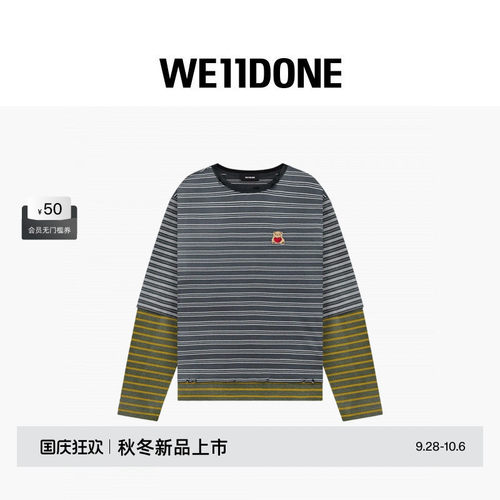 WE11DONE26早秋新品男女同款条纹爱心小熊撞色长袖T恤时尚潮流