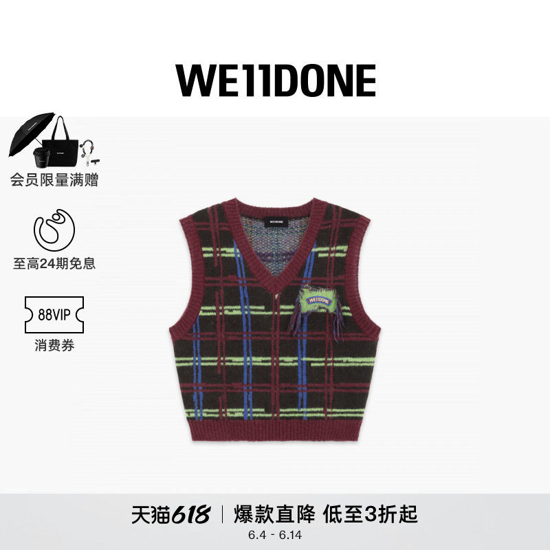 WE11DONE25秋冬男女同款做旧格纹针织背心时尚潮流V领个性