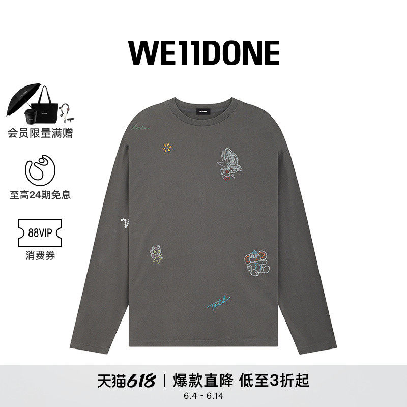 WE11DONE男女同款水钻样式图案漂洗长袖T恤