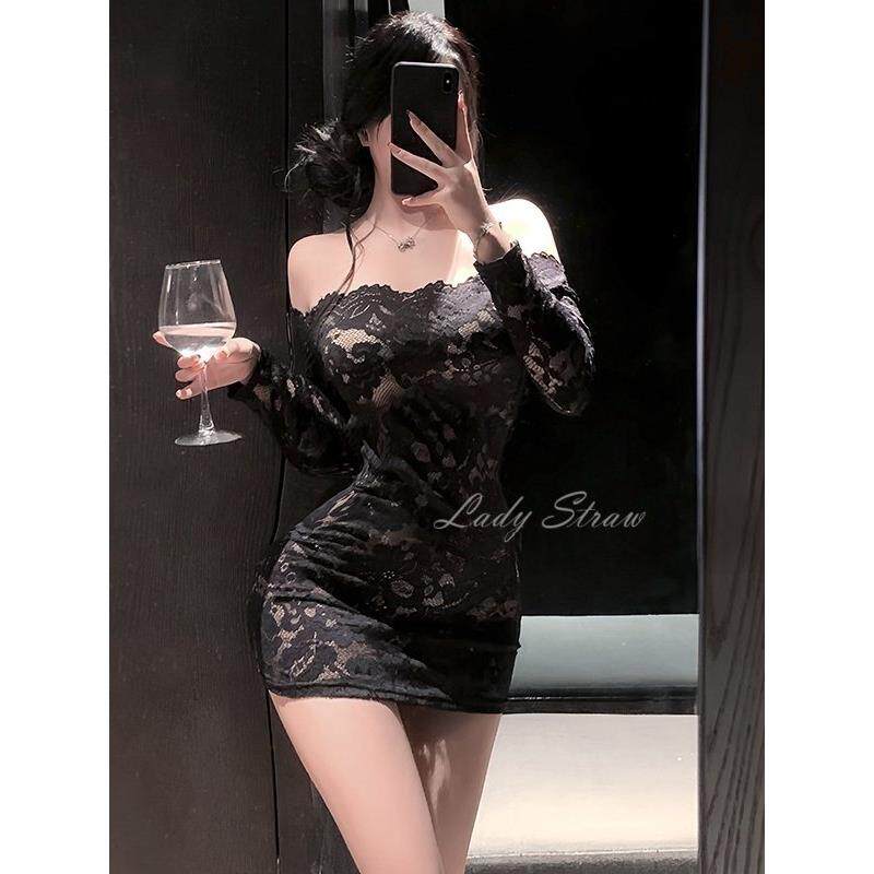 复古蕾丝包臀裙制服性感一字肩透视火辣秘书修身睡衣