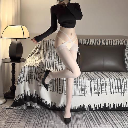 日本性感交叉白色丝袜女纯欲免脱美腿长筒大腿袜情调开裆吊带连裤