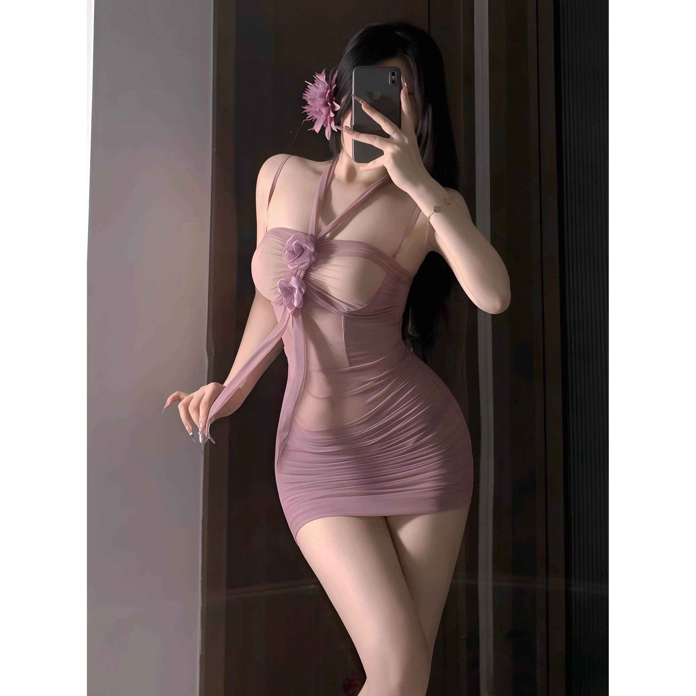 性感纯欲网纱透视玫瑰紧身包臀裙御姐情侣约会制服睡裙晴趣qqny