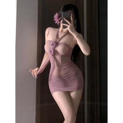 性感纯欲网纱透视玫瑰紧身包臀裙