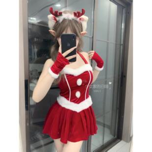 圣诞主题性感可爱红色cos女仆兔女郎麋鹿圣诞服装挂脖超短连衣裙