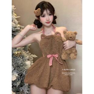 小熊可爱毛绒连衣裙女制服纯欲2025新款性感花苞裙抹胸包臀裙睡裙