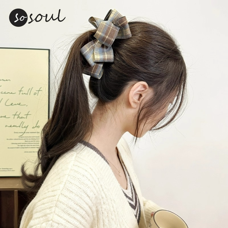 2025新款英伦学院风格纹蝴蝶结香蕉夹女后脑勺高马尾法式竖夹发饰