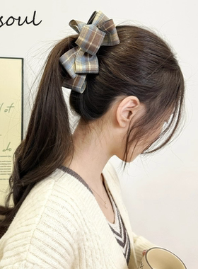 2025新款英伦学院风格纹蝴蝶结香蕉夹女后脑勺高马尾法式竖夹发饰