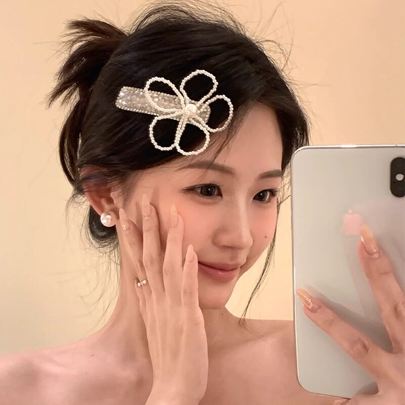 2025早春优雅花朵发夹头饰女韩国少女顶高级珍珠刘海夹后脑勺发卡