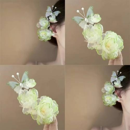 新中式牡丹花渐变绿古风发夹