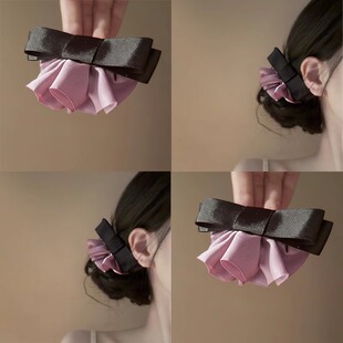 法式复古缎面蝴蝶结褶皱发夹高级感小众发饰女发卡盘发侧边弹簧夹