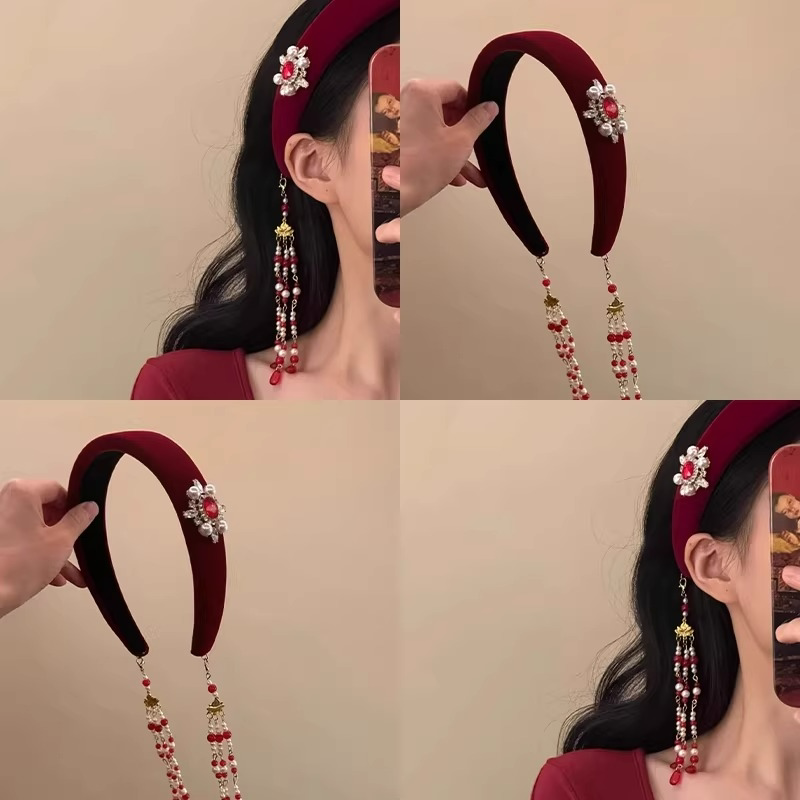 新中式红色丝绒发箍女2025新款高级感复古民族风珍珠流苏头箍发饰