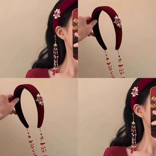 新中式红色丝绒发箍女2025新款高级感复古民族风珍珠流苏头箍发饰