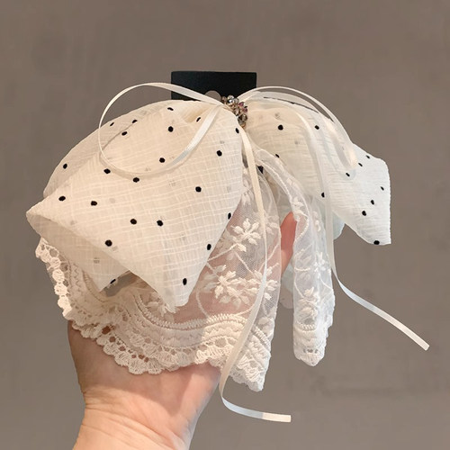 2025复古高端波点后脑勺夹子头饰蕾丝蝴蝶结半扎发马尾夹发夹抓夹