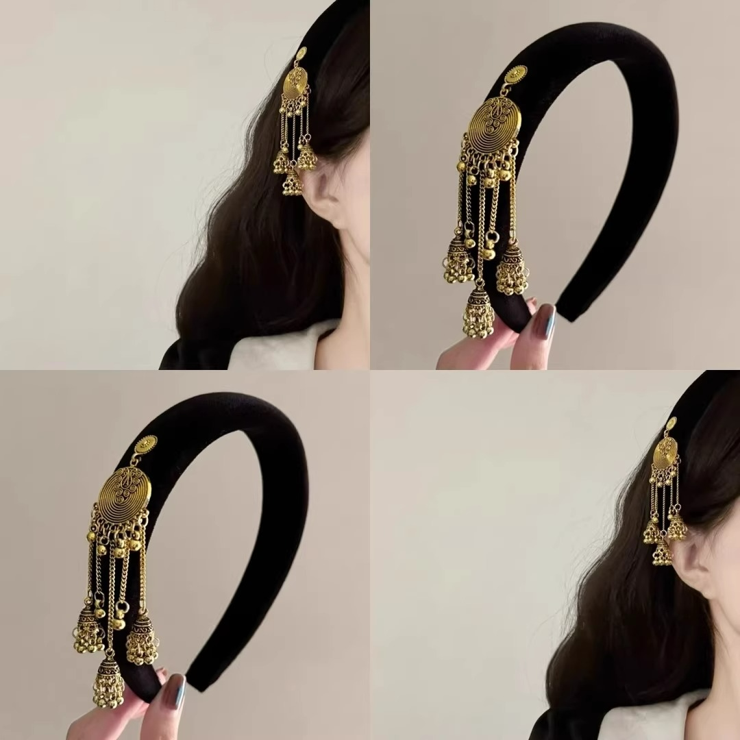 新中式黑丝绒铃铛流苏高颅顶发箍