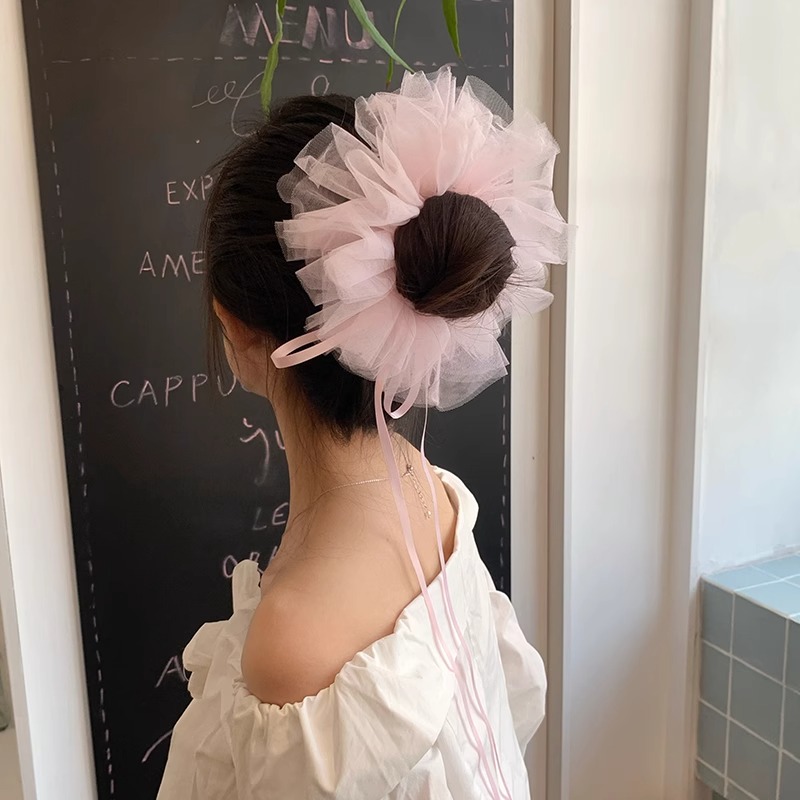 圆梦舞曲 法式重工蕾丝网纱大肠发圈女芭蕾公主风长飘带头绳发饰